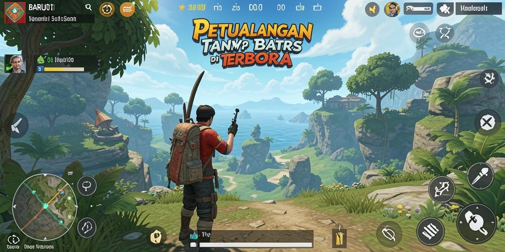 Tangkapan layar utama BARU01 menampilkan pemanjatan tebing yang menantang dalam dunia terbuka.