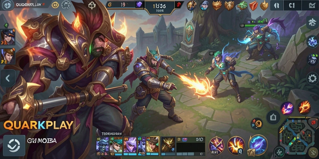 Screenshot gameplay MOBA di QUARKPLAY dengan karakter beraksi.