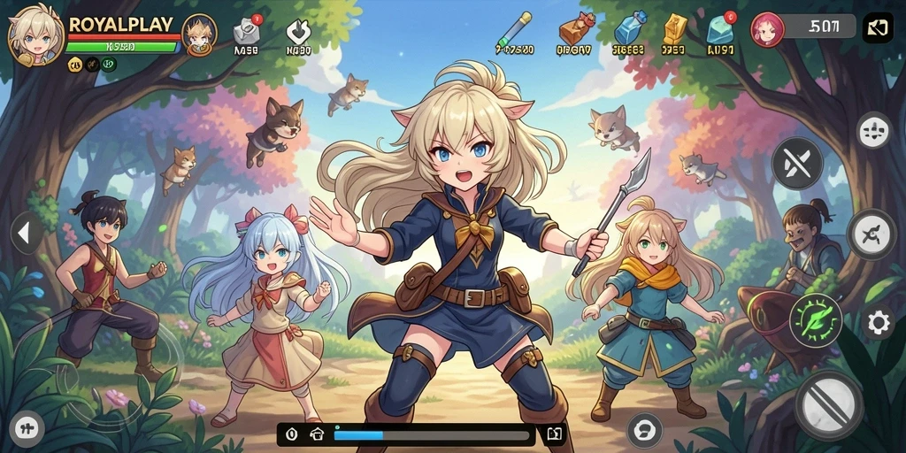 Tampilan gameplay ROYALPLAY yang penuh warna dan karakter anime yang menarik.