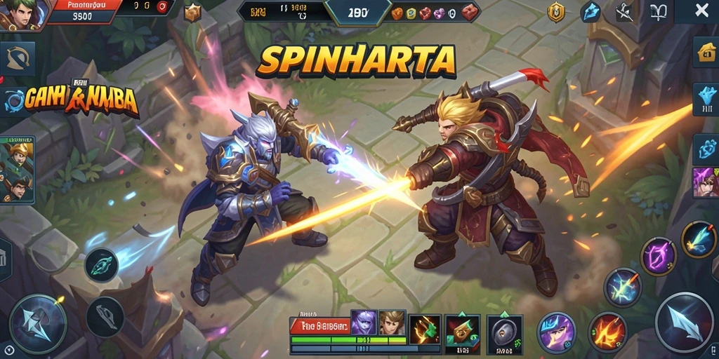 Tampilan gameplay seru di SPINHARTA dengan aksi MOBA yang intens.