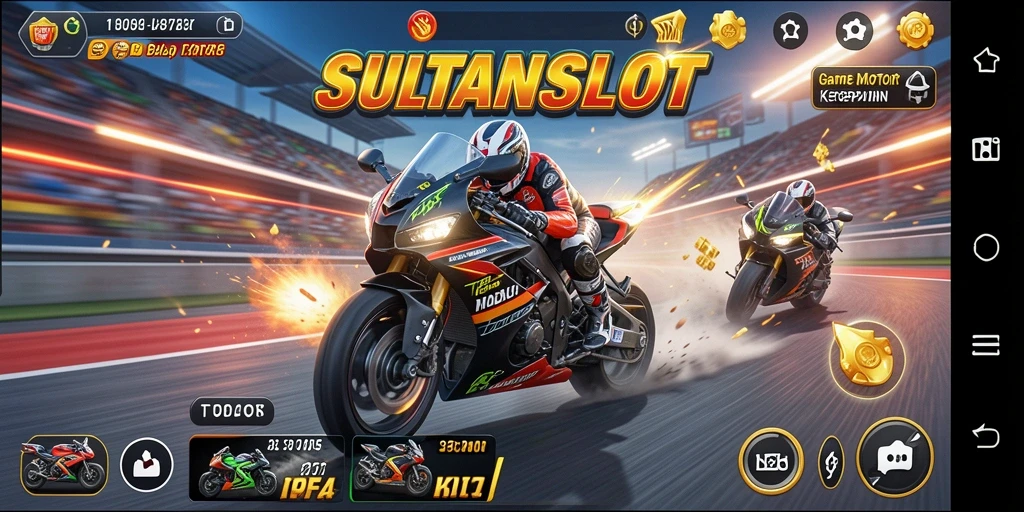 Screenshot menunjukkan aksi balap motor yang intens di SULTANSLOT.