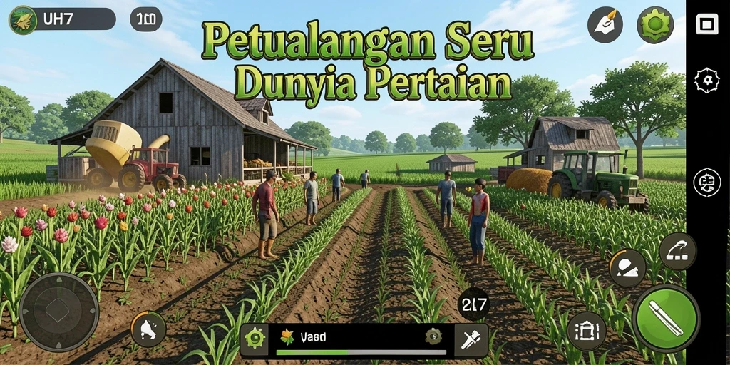 Tampilan gameplay UH77 yang menampilkan aktivitas pertanian yang dinamis dan interaktif.