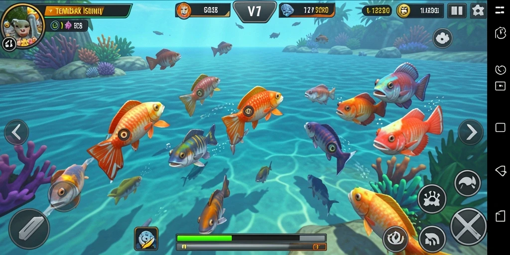 Tampilan gameplay seru di V21 dengan berbagai ikan untuk ditangkap.